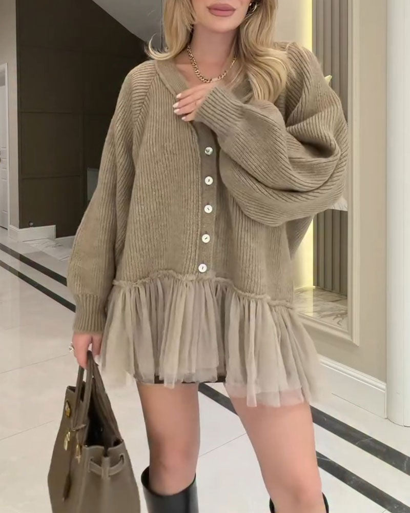 Cardigan Col En V Mesh Volant Patchwork