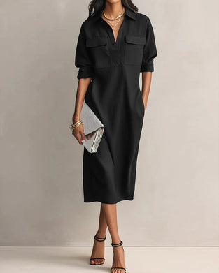 Robe Unie Col Revers Décontractée