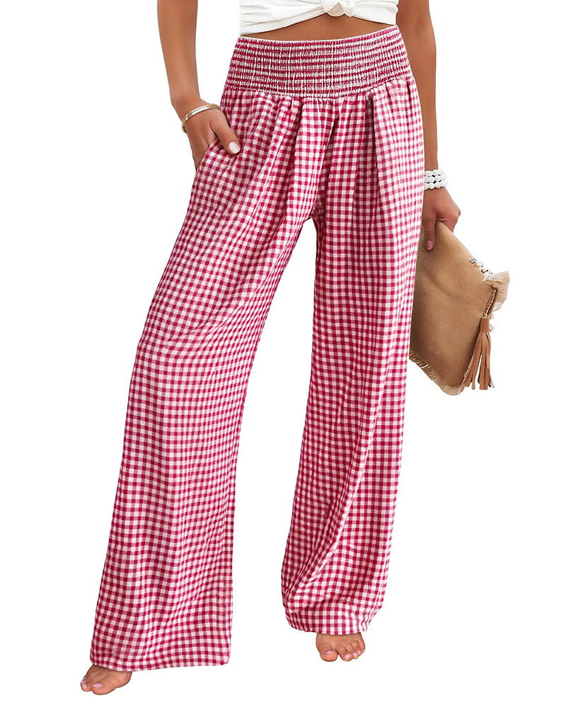 Pantalon Taille Haute À Carreaux Large Jambe