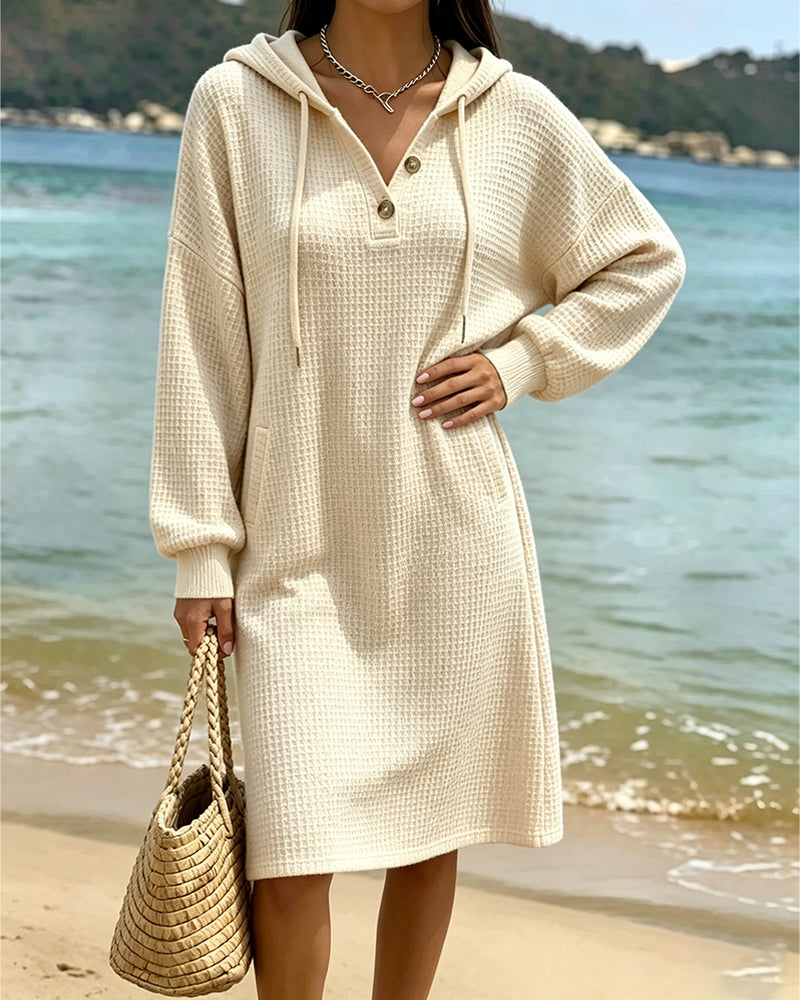 Robe Col V Bouton Poche Capuche Gaufre