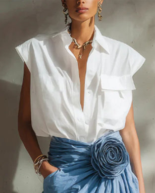 Blouse Col V Profond Revers Sans Manches