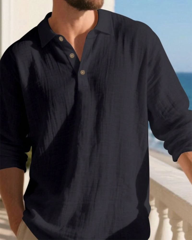 Chemise Homme Légère Coupe Ample Lin Manches Longues Polo