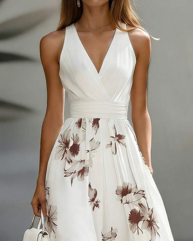 Robe Sans Manches Col V Taille Florale