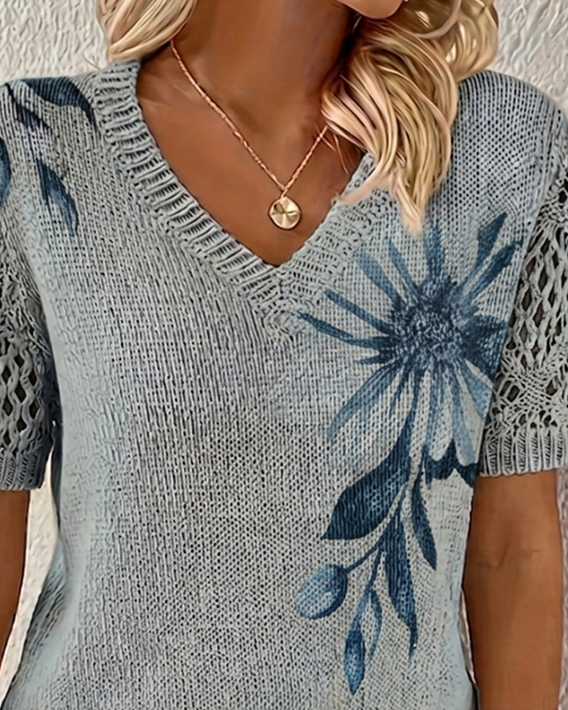 Pull-Over Col En V Tricoté Fleuri