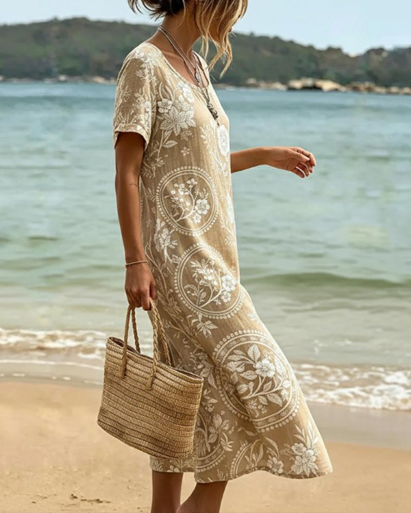 Robe Col Rond Fleuri Oiseau Imprimé