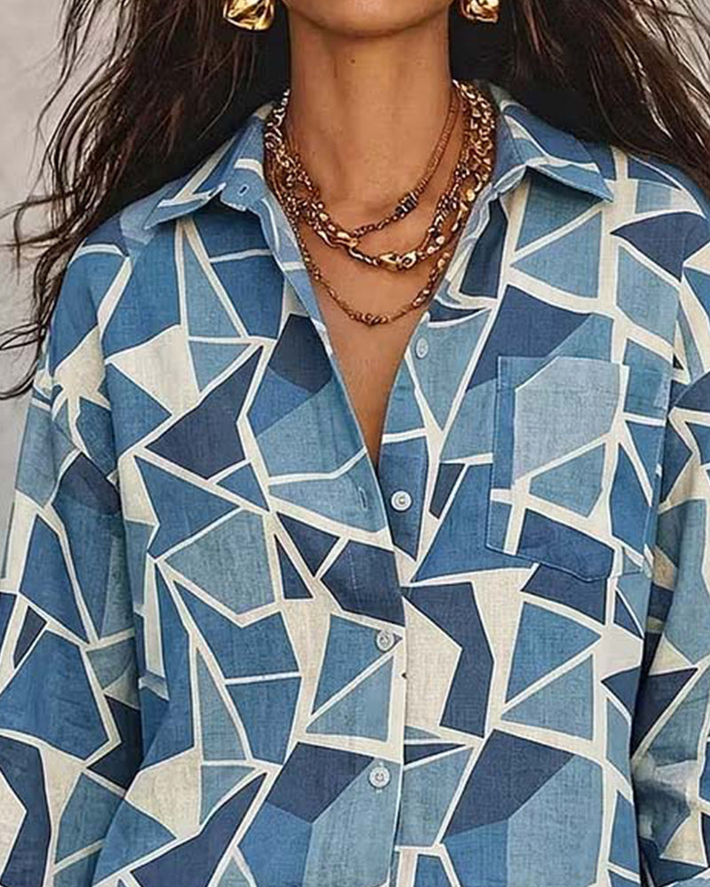 Blouse Imprimé Géométrique Col Manche Longue