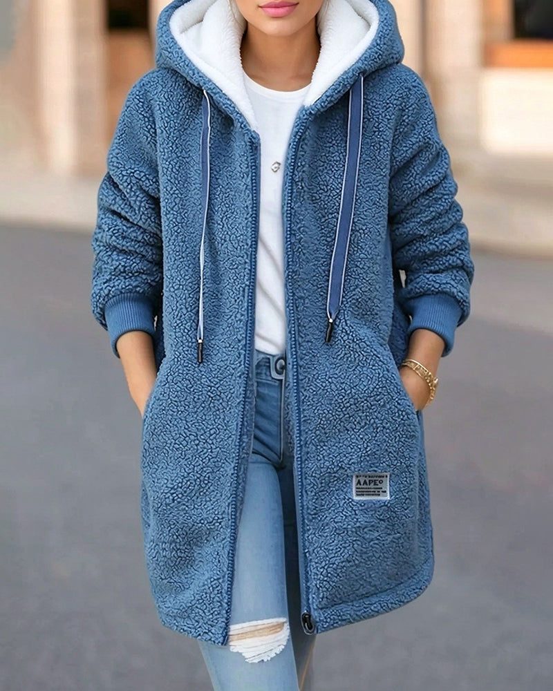 Manteau Polaire Doublé Fermeture Éclair Poche À Capuche