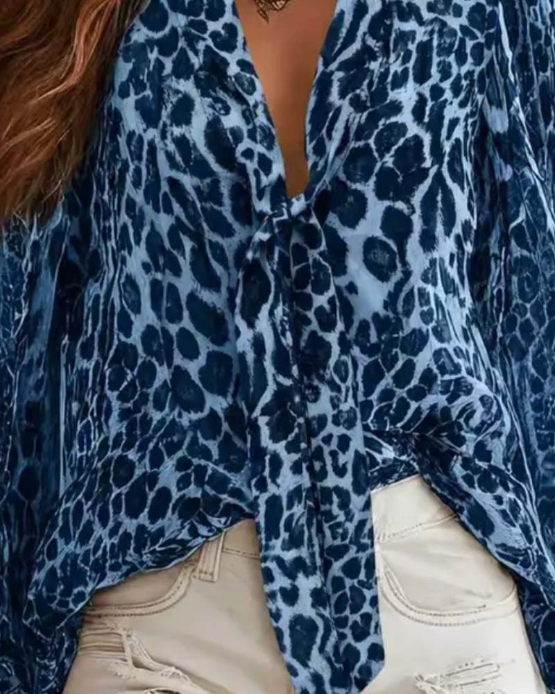 Chemise Col‑v Léopard Transparent Manches‑longues