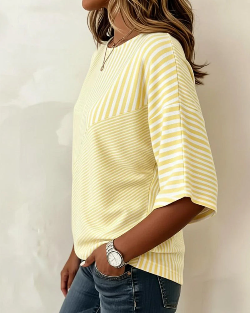 T-Shirt Rayé Col Rond Bloc De Couleur