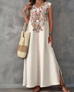 Robe Style Ethnique Imprimé Sans Manches Fente Longue