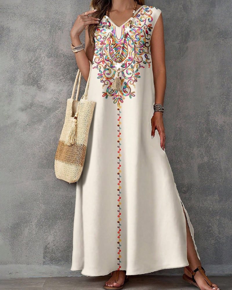 Robe Style Ethnique Imprimé Sans Manches Fente Longue