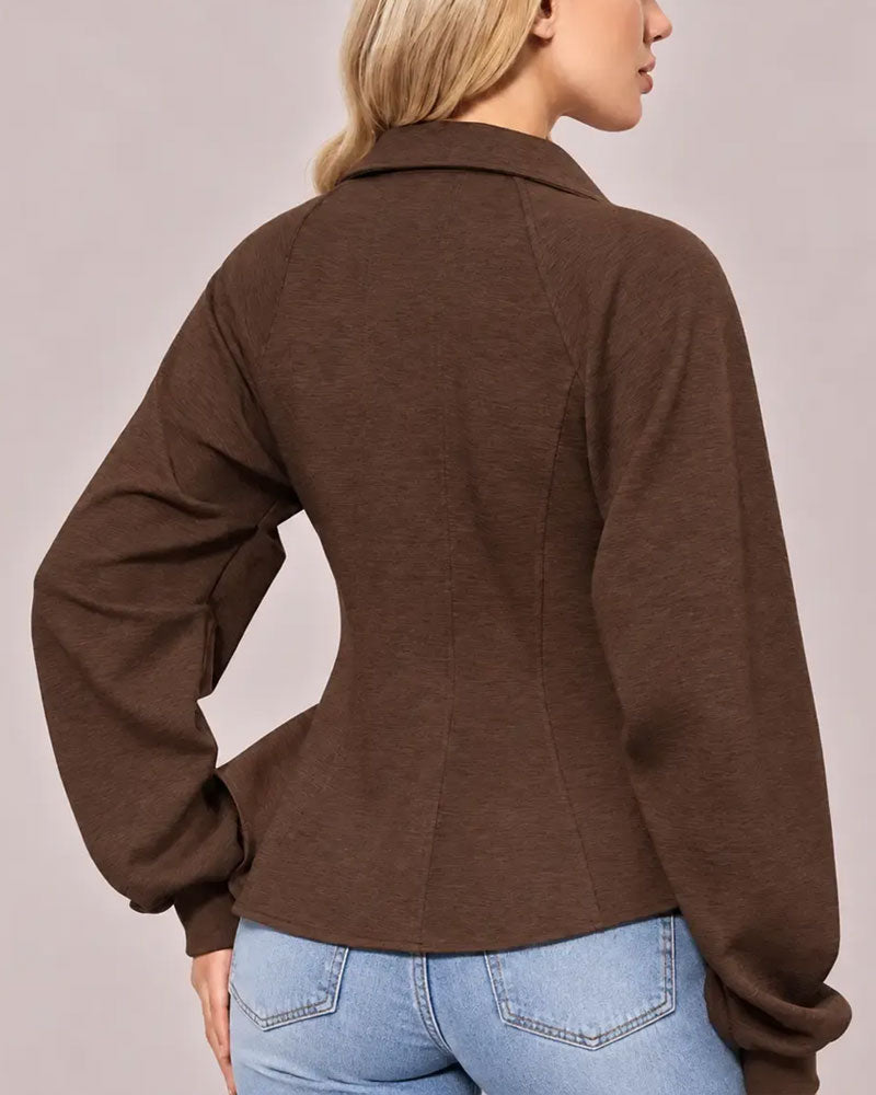 Manteau Revers Fermeture Éclair Taille Plissée