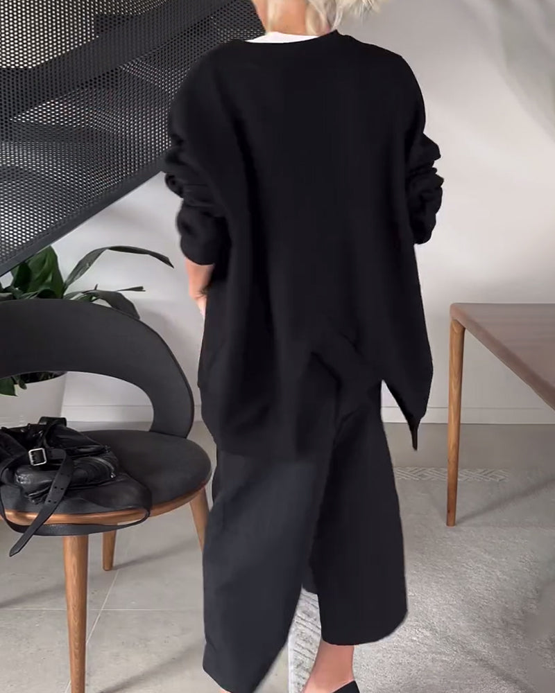 Sweat-shirt décontracté à col rond et fente de couleur unie