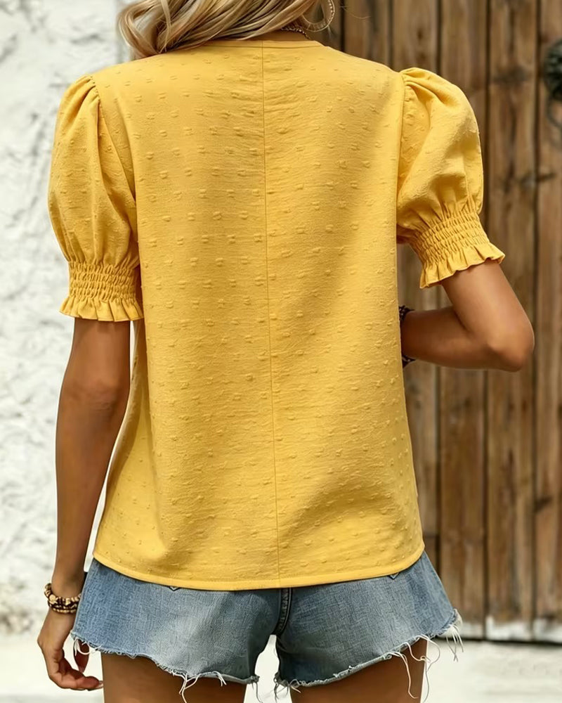 Blouse Manche Bouffante Col V Jacquard