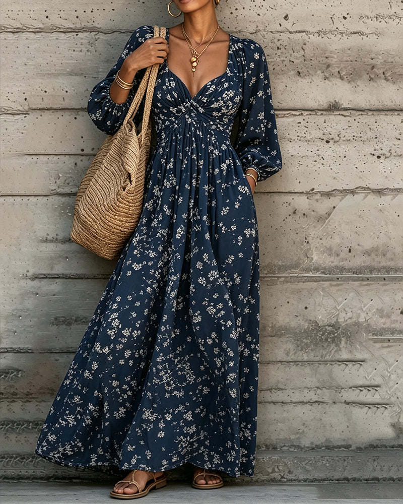 Robe Froncée Florale Manche Bouffante Jupe Ample
