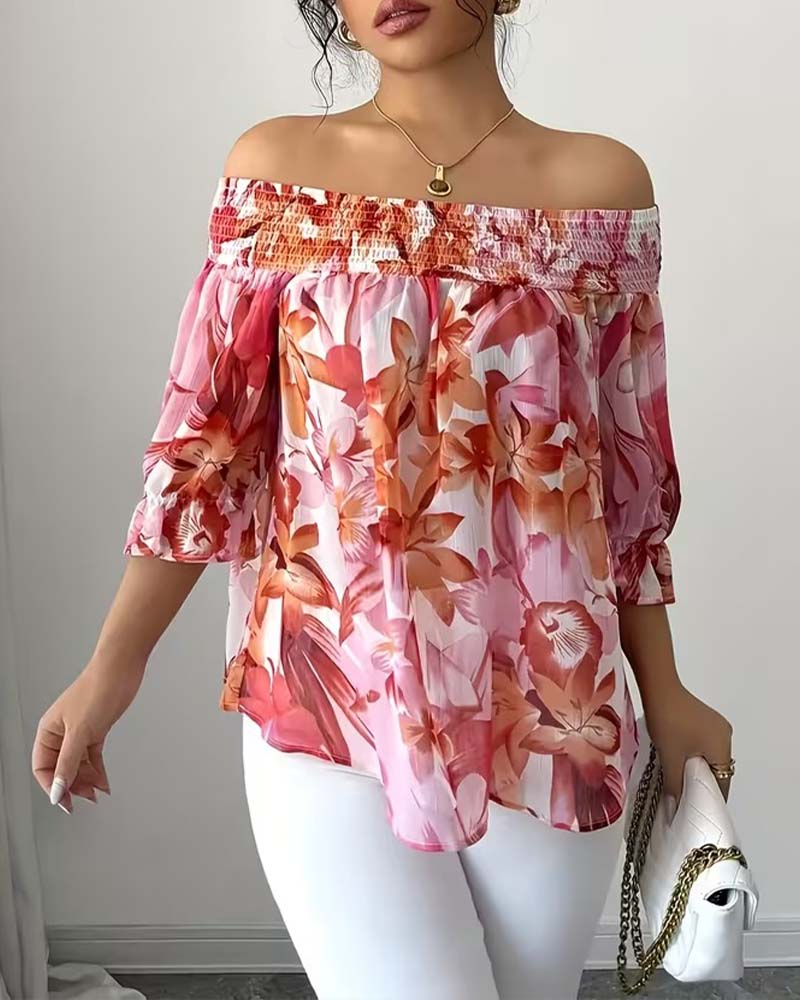 Blouse Off-Épaule Imprimé Manche Bouffante