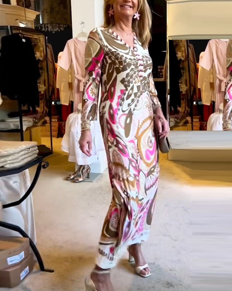 Robe longue imprimée décontractée à col en V
