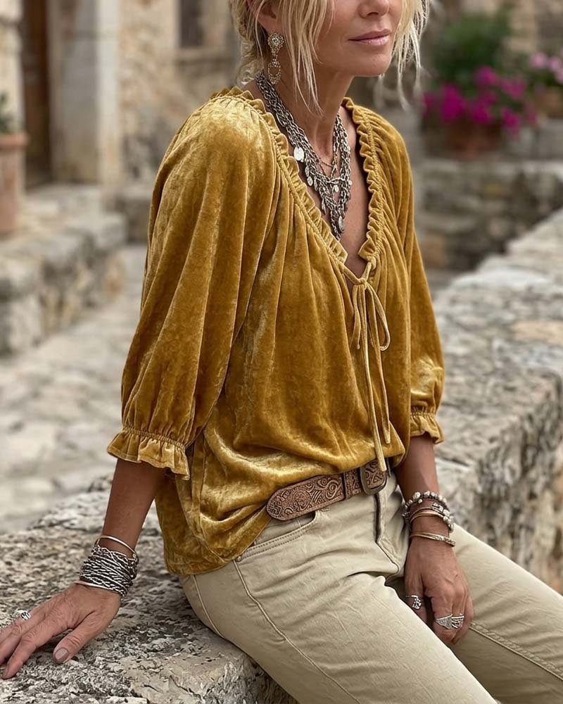 Blouse Cordon De Serrage Velours Manches Courtes