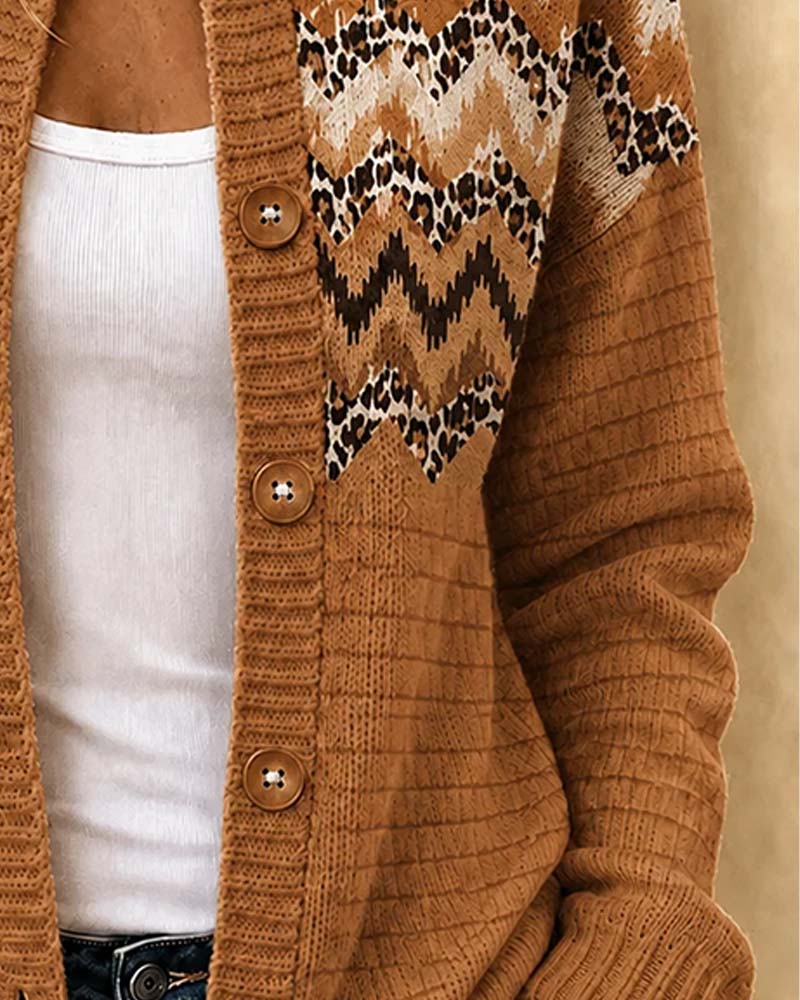 Cardigan Boutonné Léopard Rayures Ondulées