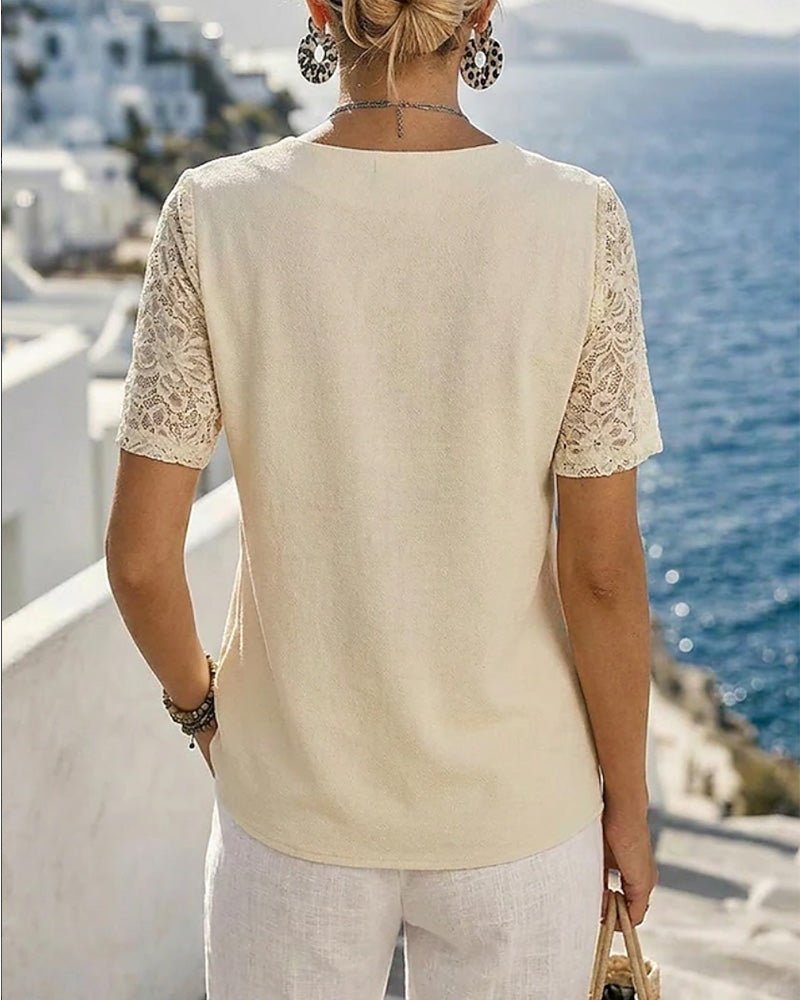 Blouse Col V Dentelle Patchwork Uni