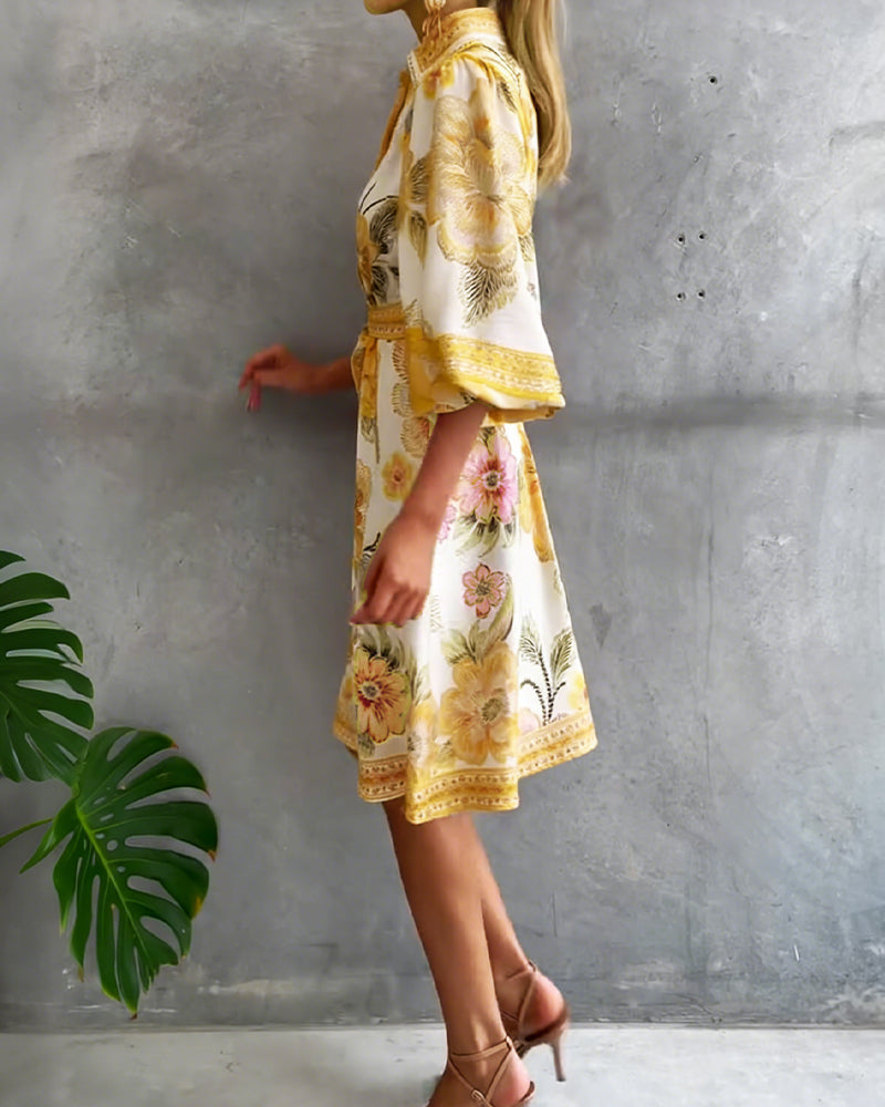 Robe Manche Lanterne Col Cranté Imprimé