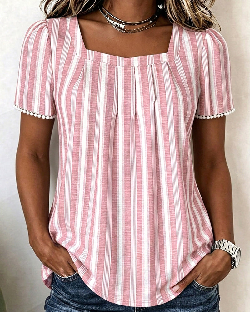 Blouse Rayée Col Carré Manches Courtes