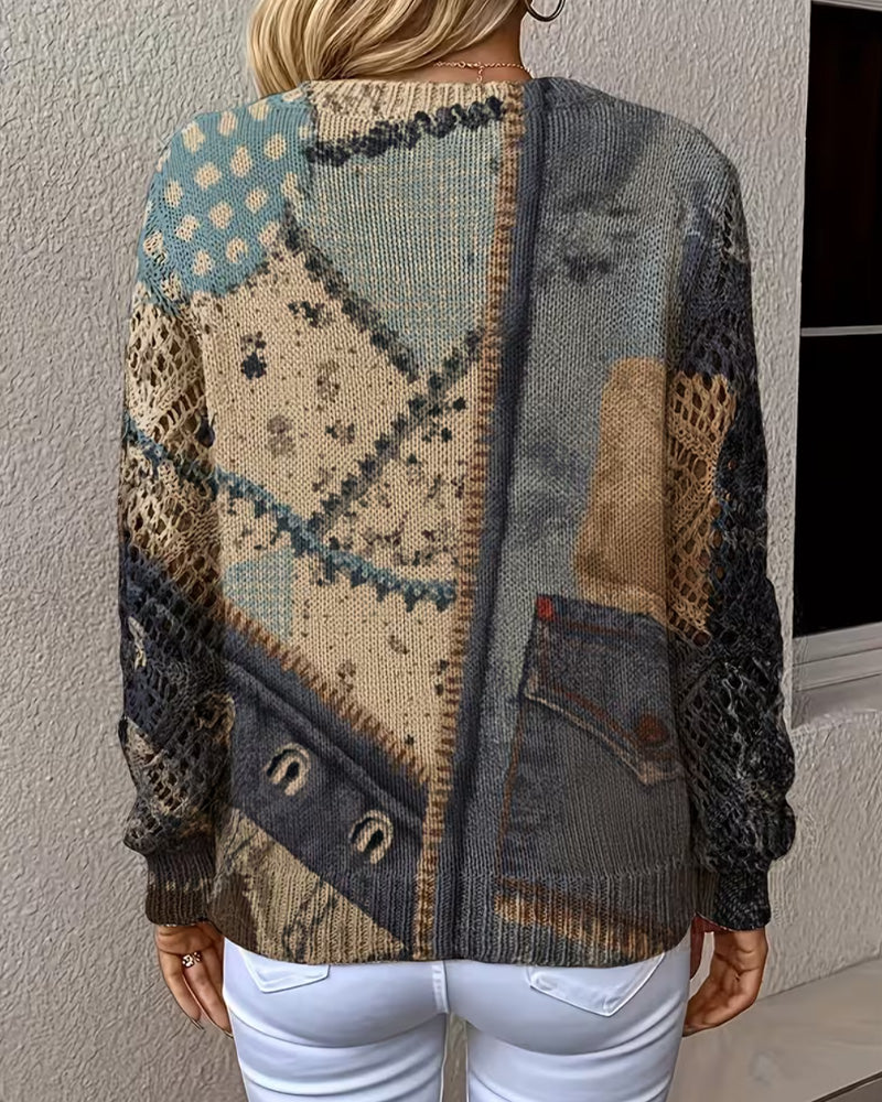 Pullover Col En V Bloc De Couleur Évidé Lâche