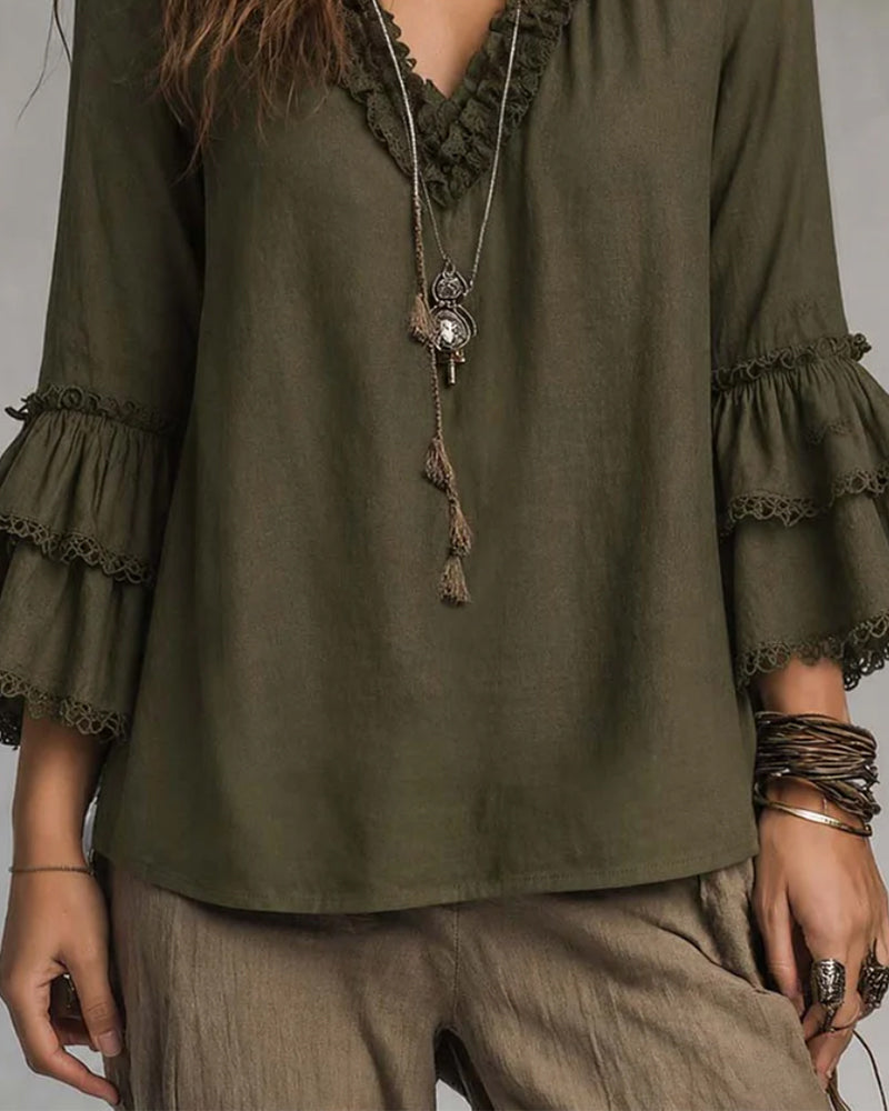 Blouse Col En V Manche Deux Niveaux Volant