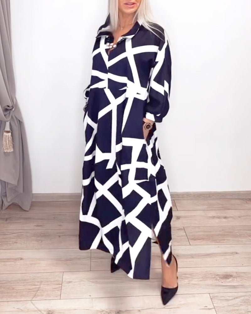 Robe Revers Ample Imprimé Géométrique