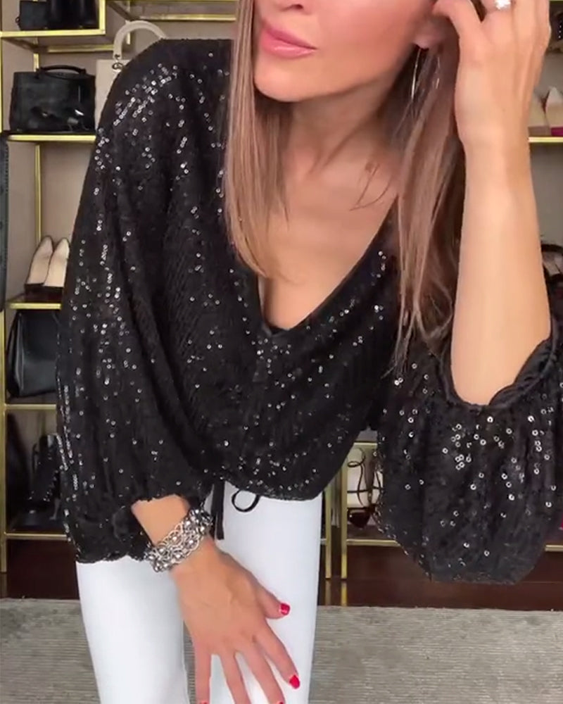 Chemisier À Manches Lanternes Avec Décolleté En V Et Paillettes