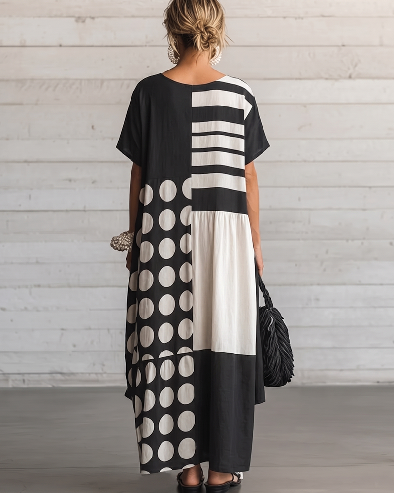 Robe Col Rond Manches Courtes À Pois Patchwork