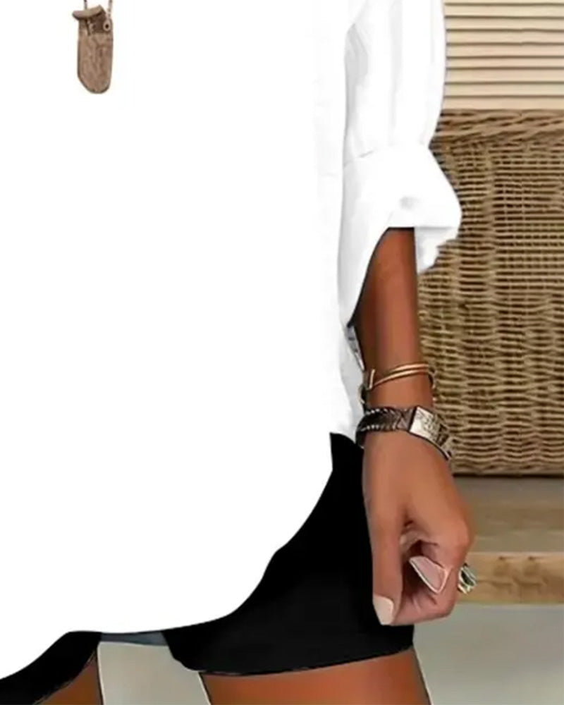 Blouse Col En V Irrégulière Unie Manches Longues