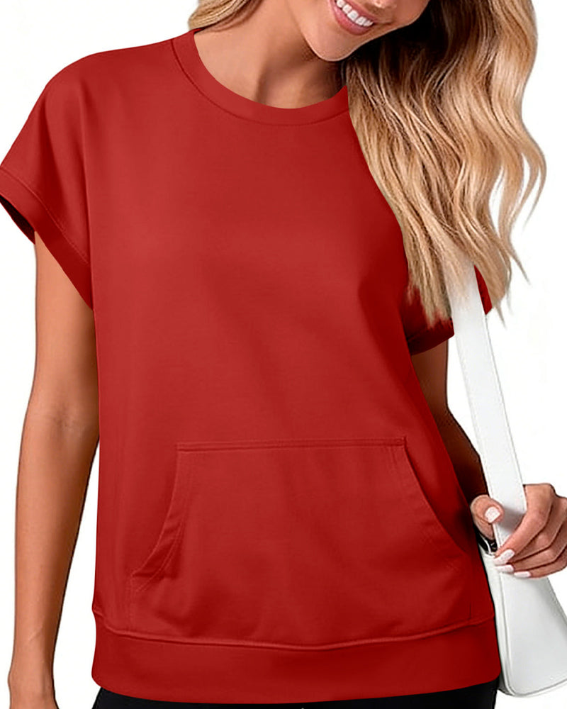 Blouse Poche Devant Unie Col Rond