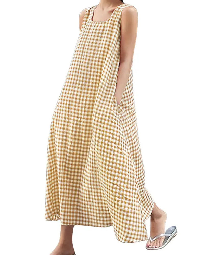 Robe À Carreaux Sans Manches Col Carré Maxi