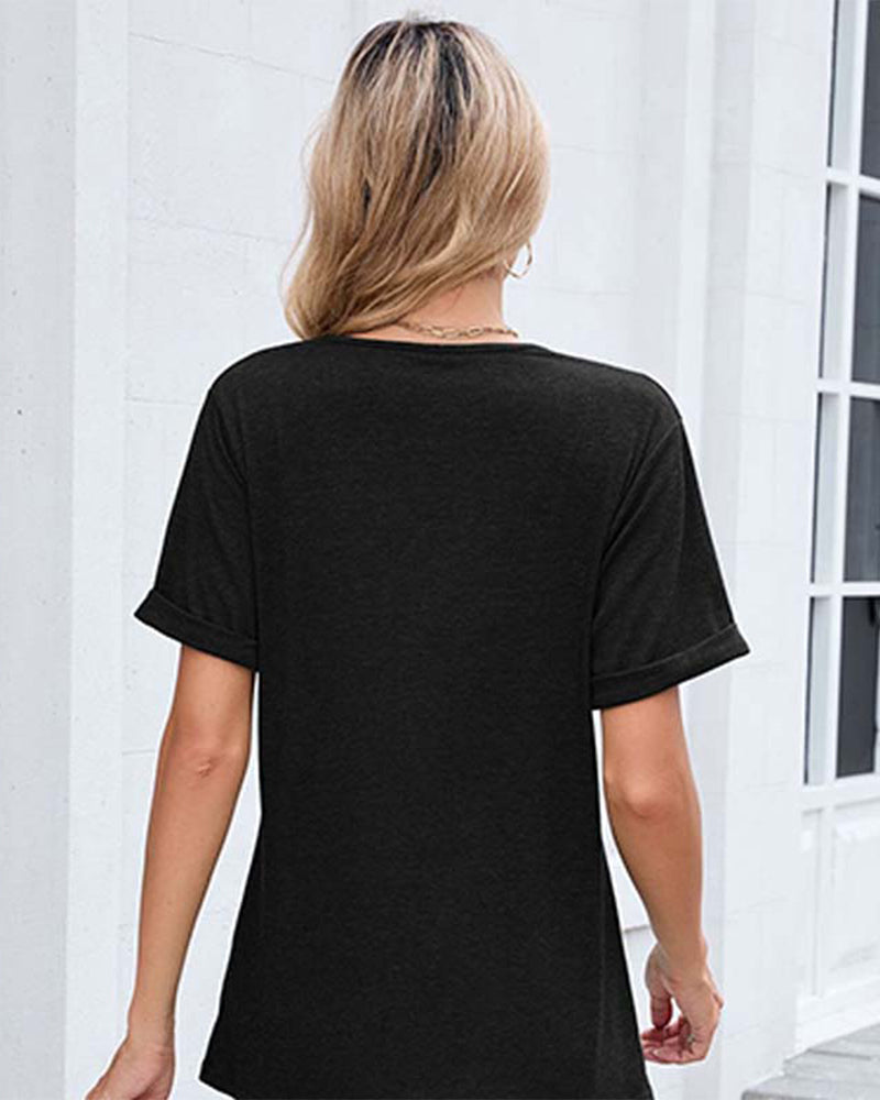 T-Shirt Unie Col En V Décontracté Manches Courtes