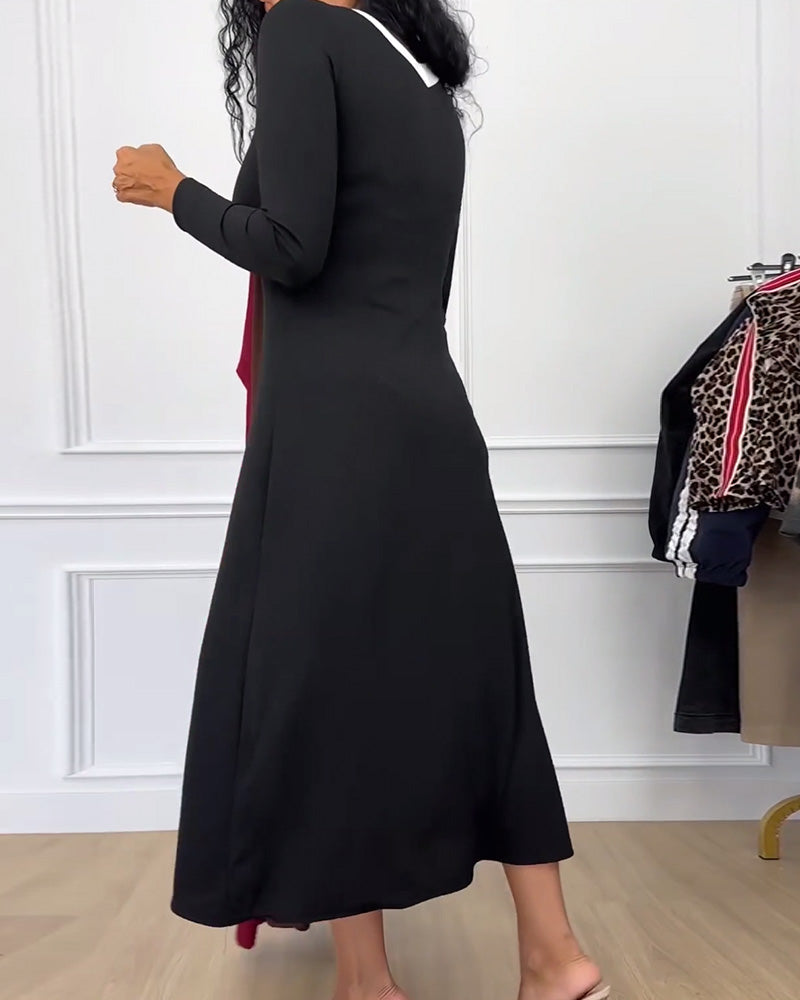 Robe élégante fendue à col en V de couleur contrastée