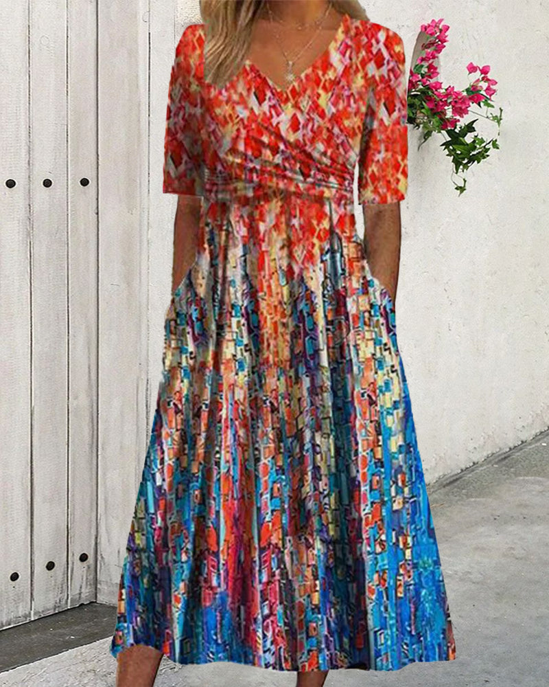 Robe de villégiature imprimée avec poches et col en V