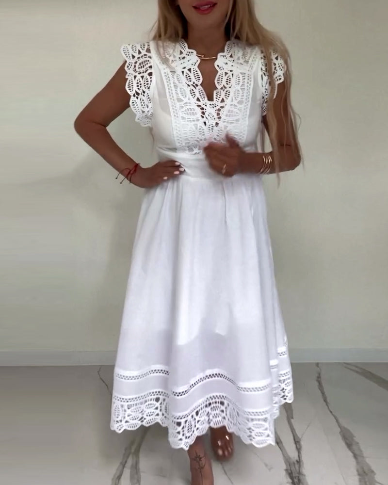 Robe élégante sans manches en dentelle de couleur unie à col en V