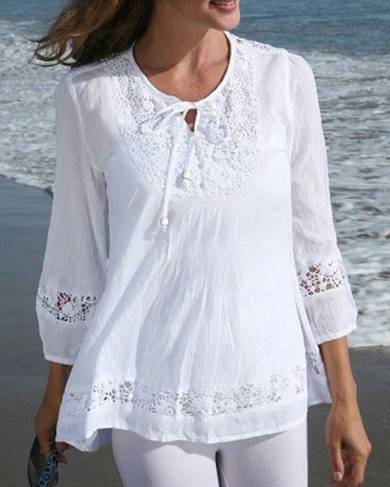 Blouse Col Rond Attacher Dentelle Patchwork Unie