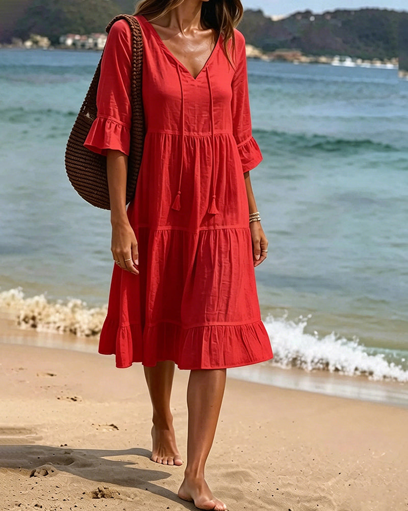 Robe Évasée Demi-Manche Nœud À La Taille
