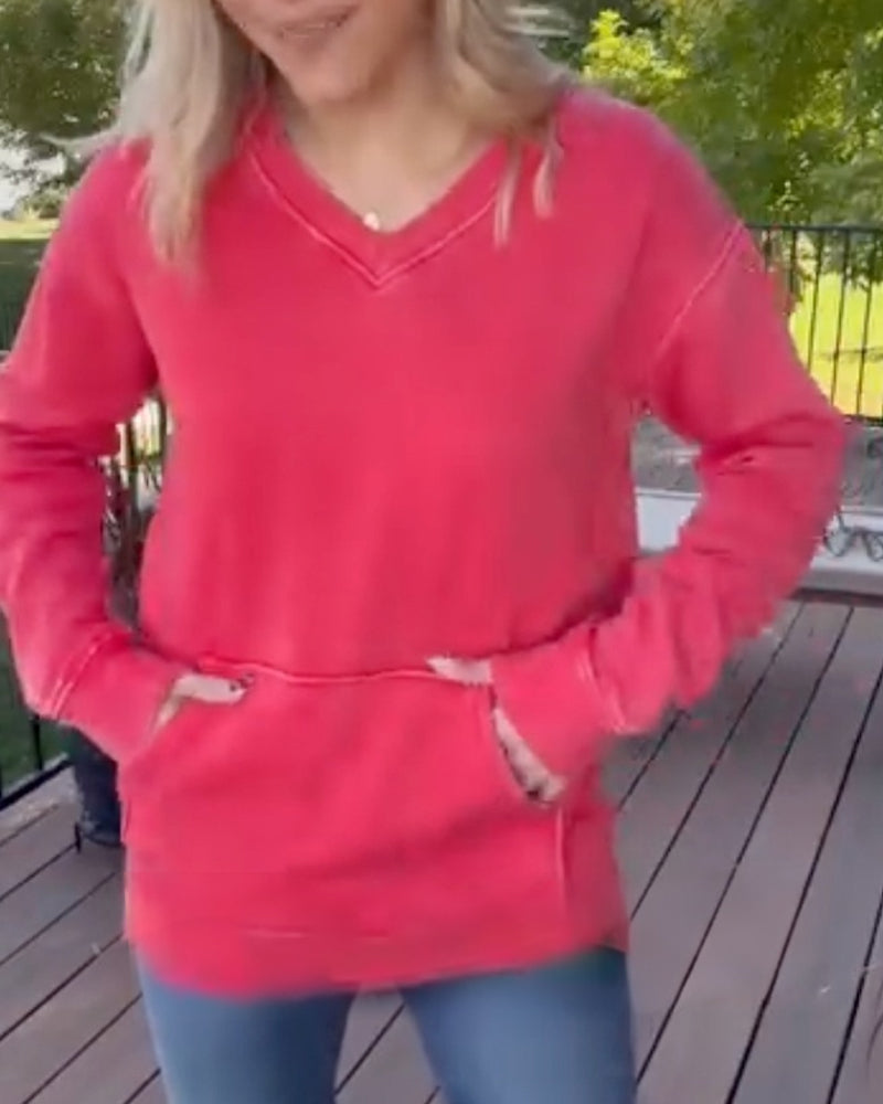 Sweatshirt Col-V Poche Drop-Épaule Unie
