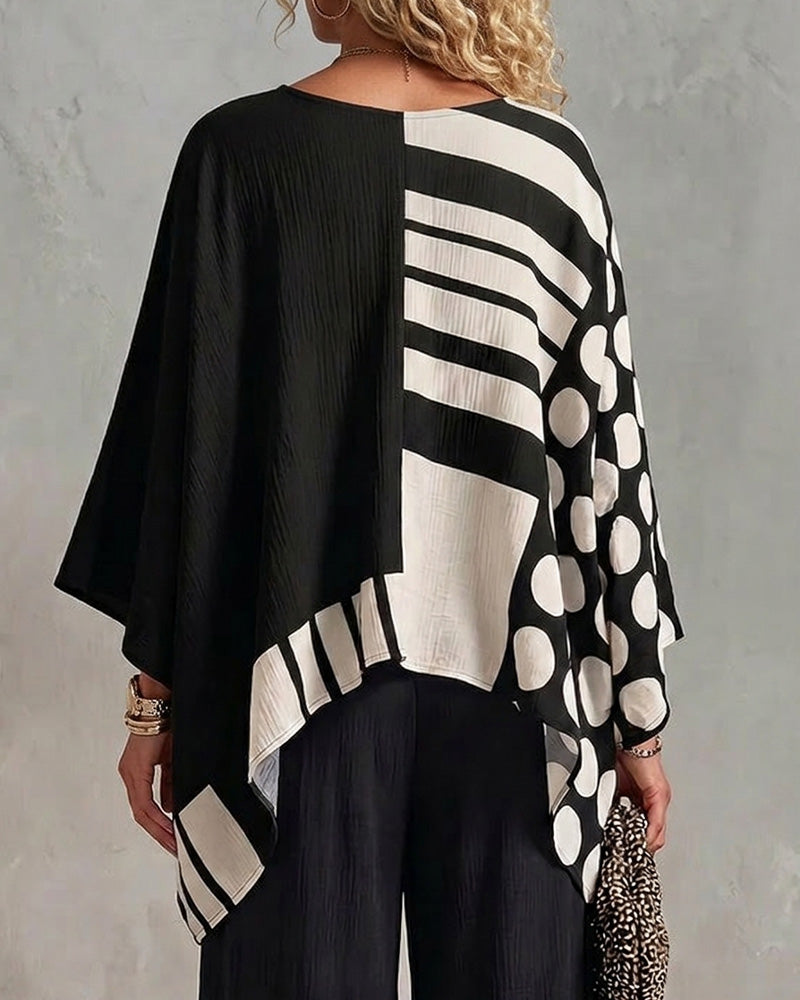 Blouse Polka Dot Rayure Patchwork V Encollure