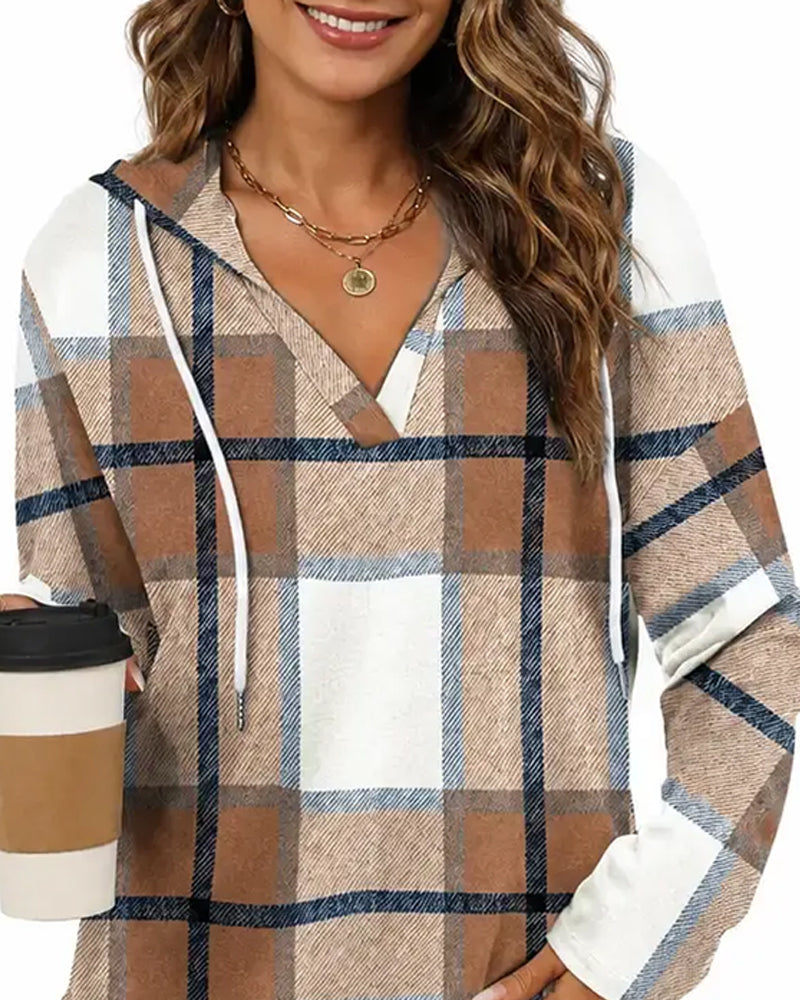 Blouse À Carreaux Capuche Cordon De Serrage