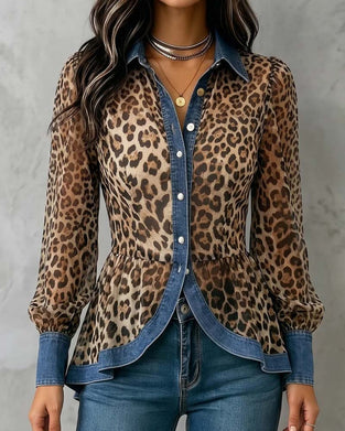 Blouse Denim Léopard Patchwork Cintré