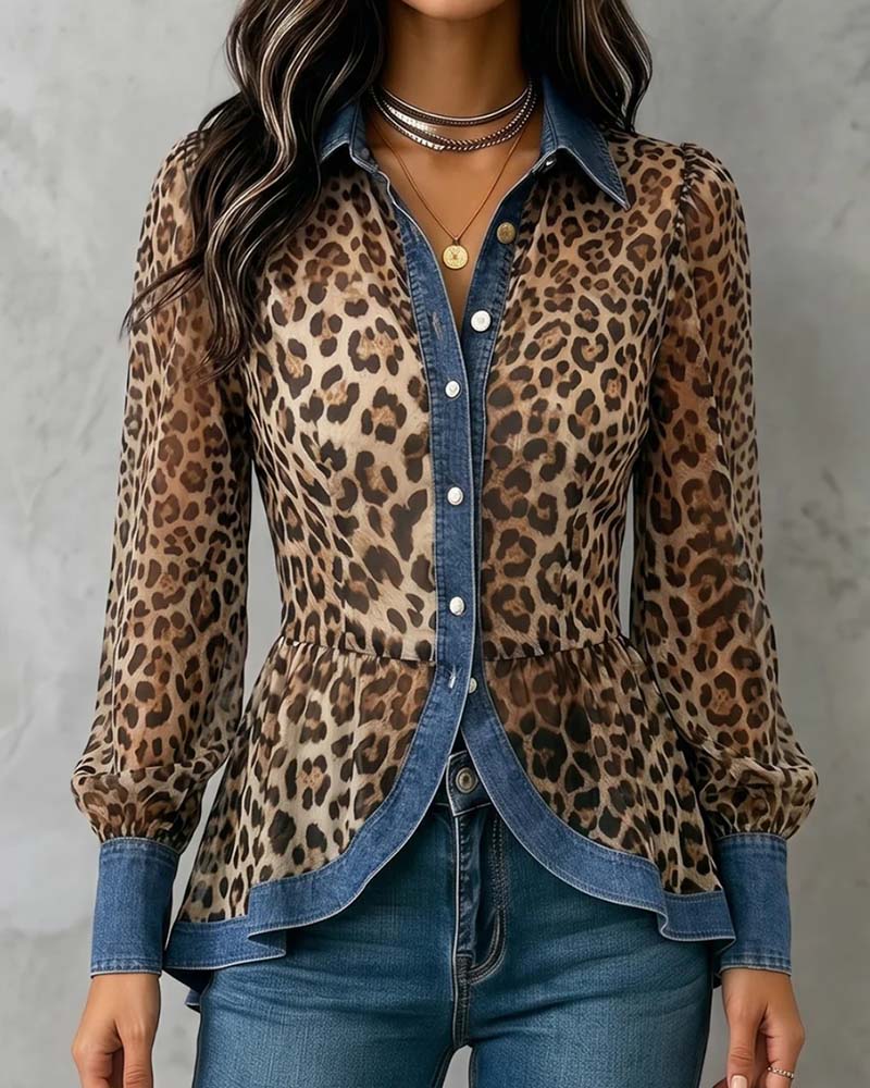 Blouse Denim Léopard Patchwork Cintré