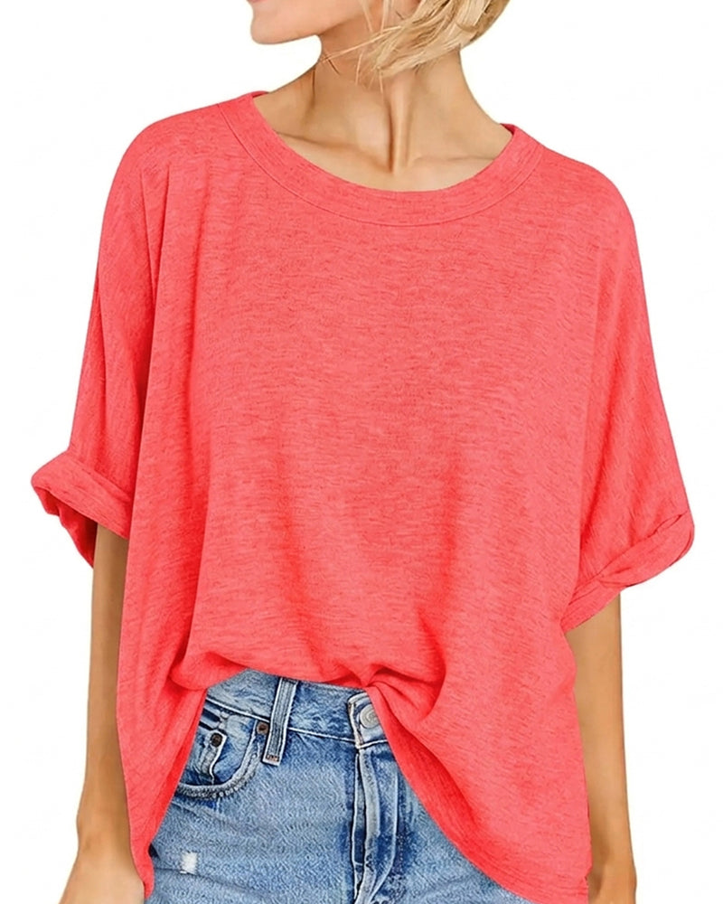T-Shirt Épaule Tombante Ourlet Roulé Manches Courtes