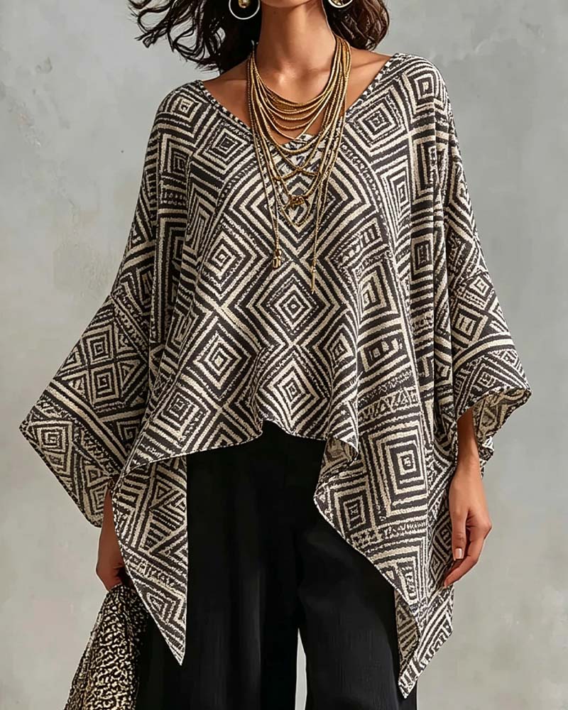 Blouse Motif Diamant Irrégulier Décontractée