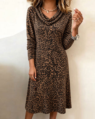 Robe Col Mock Décontracté Léopard Manches Longues