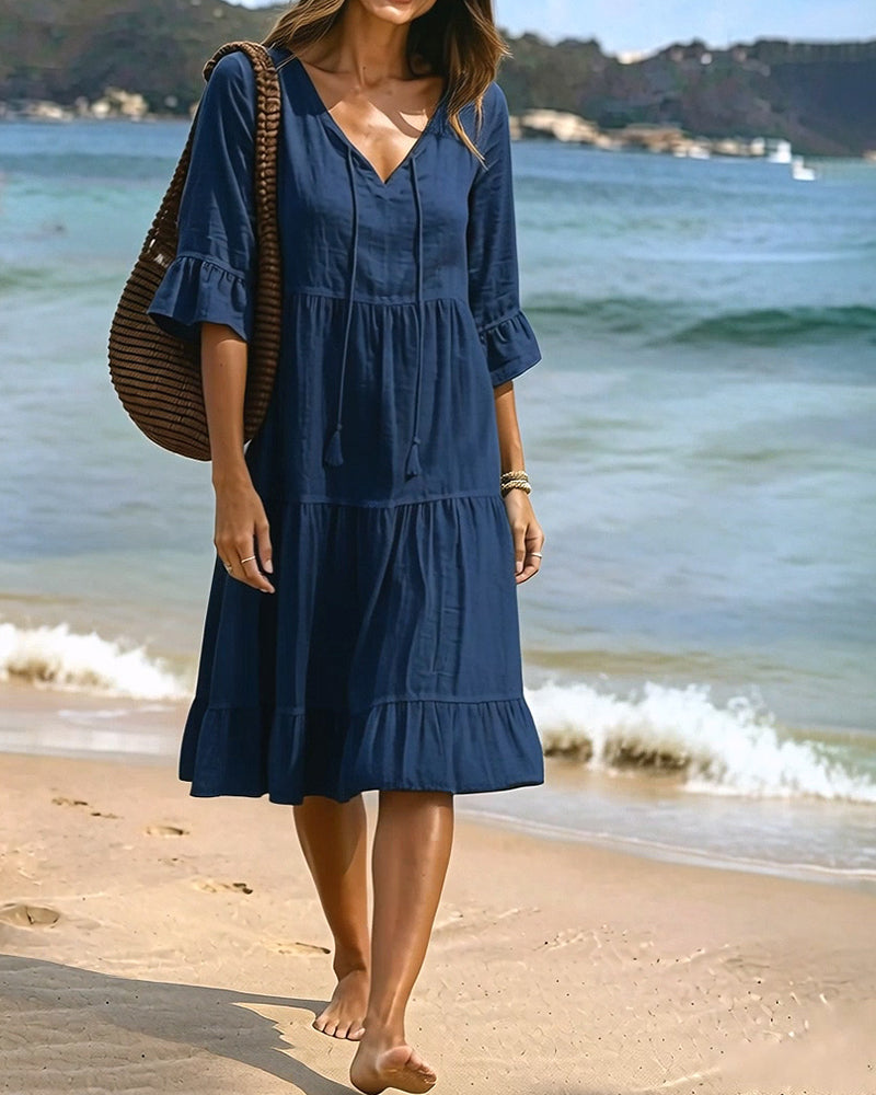 Robe Évasée Demi-Manche Nœud À La Taille