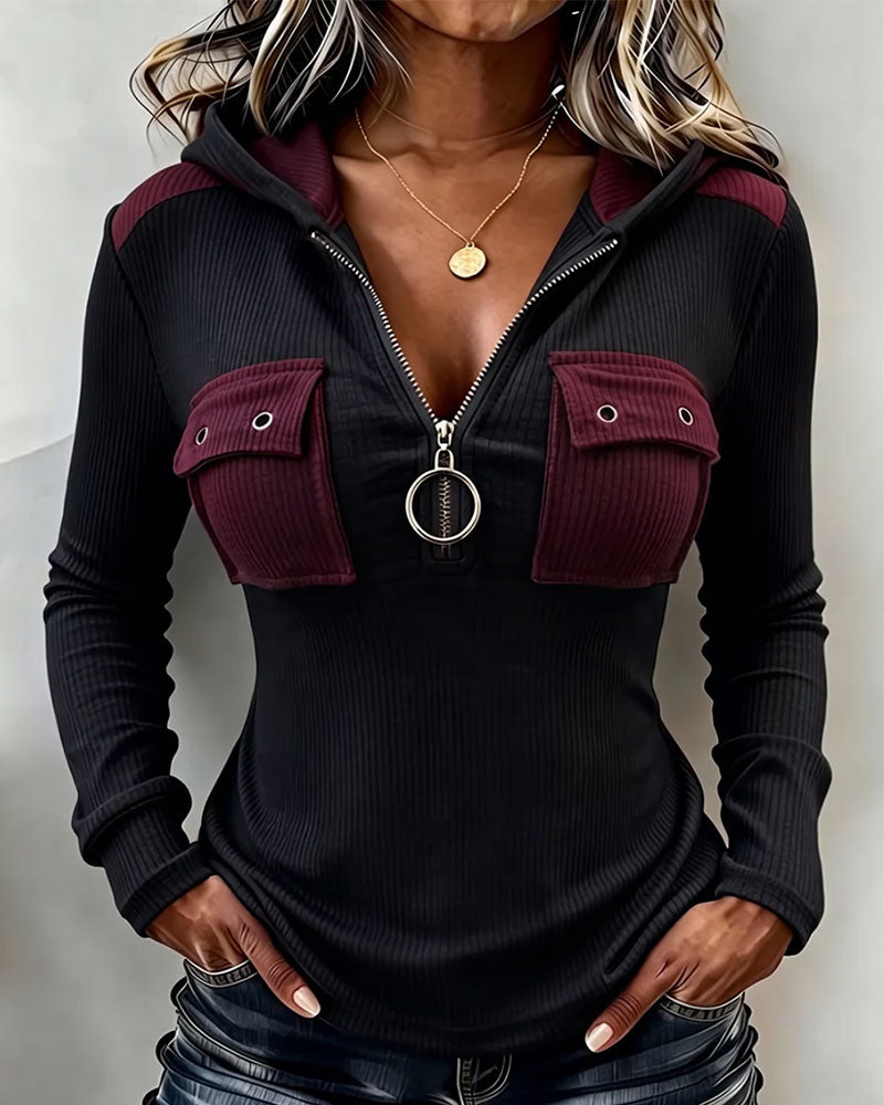 Haut Bloc De Couleur Demi Fermeture Éclair Capuche Mode